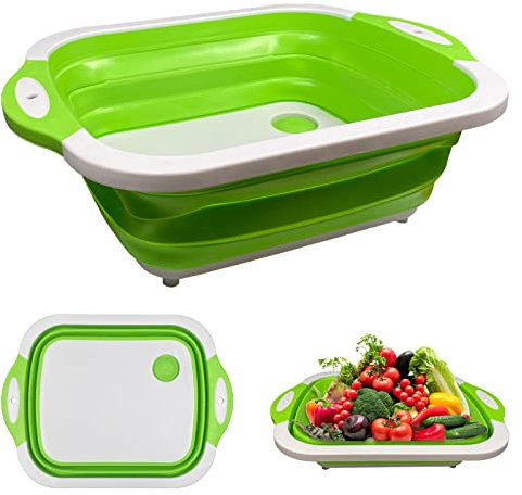 Firschoie 3 en 1 Planche à Découper Pliable, Planche de cuisine portable multifonctionnelle Panier de vidange pliable, Convient pour la cuisine, l'extérieur, le camping, le barbecue(Vert)