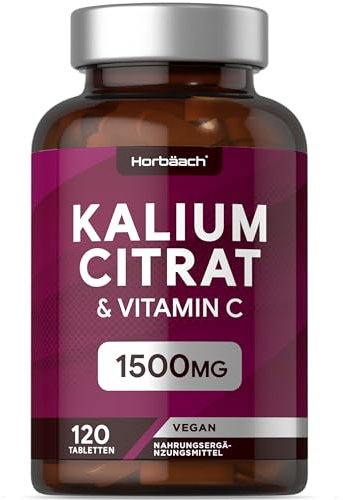 Kaliumcitrat Hochdosiert 1500mg pro Tagesdosis mit Vitamin C | 120 Vegane Potassium Citrate Tabletten | Kalium Supplement | von Horbaach