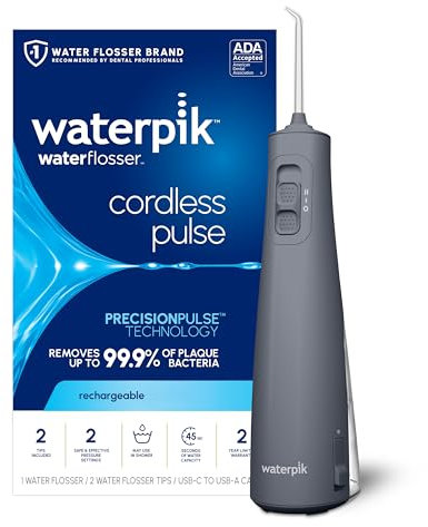 Waterpik Cordless Pulse Rechargeable Portable Water Flosser for Teeth, Gums, Braces Care and Travel with 2 Flossing Tips, Waterproof, ADA Accepted, WF-20 Gray, Packaging May Vary