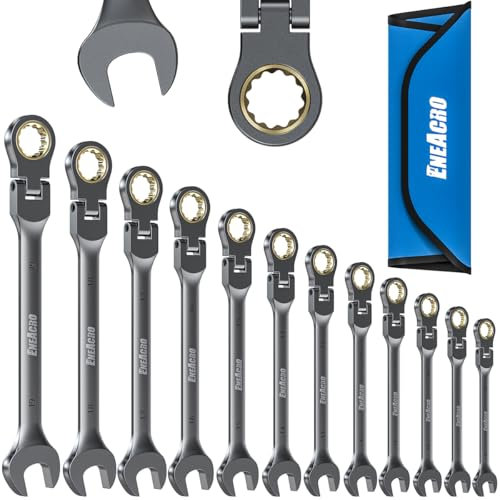 ENEACRO Juego de Llaves de Carraca Combinadas, Juego de Llaves Flexibles Antideslizantes de 12 Piezas, Métricas 8-19mm, 72 Dientes, Construidas en Cr-V, Niqueladas con Bolsa de Almacenaje