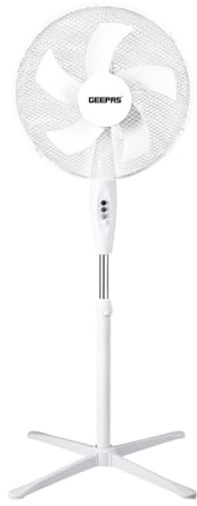 GEEPAS 16” Pedestal Free Standing Cooling Fan | 3 Speeds 5 Blades Wide Angled Oscillation Pivoting Head & Adjustable Height | Powerful Airflow Floor Fan | Home Office Use, 1 Year Warranty White 45W
