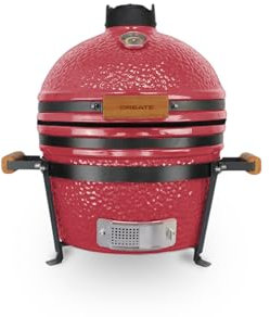 CREATE/BBQ KAMADO/Barbacoa ahumadora de cerámica rojo 16 pulgadas/Puede asar, ahumar y cocinar, con regulador de temperatura y dos fuentes de ventilación.