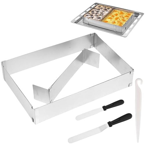 Backrahmen Eckig Verstellbar,Backrahmen Rechteckig Verstellbar, Tortenring Eckig Backrahmen, Backrahmen mit Teiler,Spatel, Backform Rechteckig verstellbar Edelstahl, für Geburtstag Party Torten Pizza