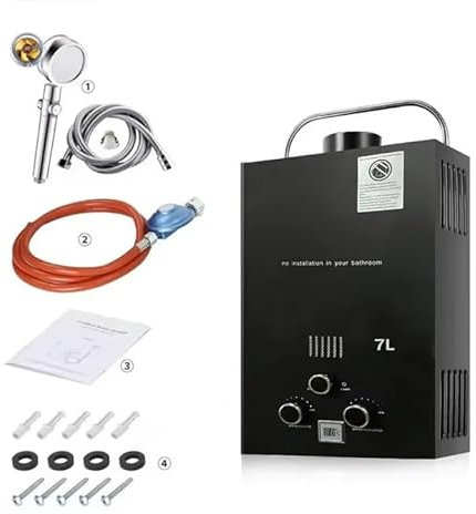 Chauffe-eau au Gaz Propane GPL 6/7/8L avec Kit de Douche, chauffe-eau instantané sans réservoir 14kw avec Kit de douche, pour la Maison et I'extérieur (7 L)