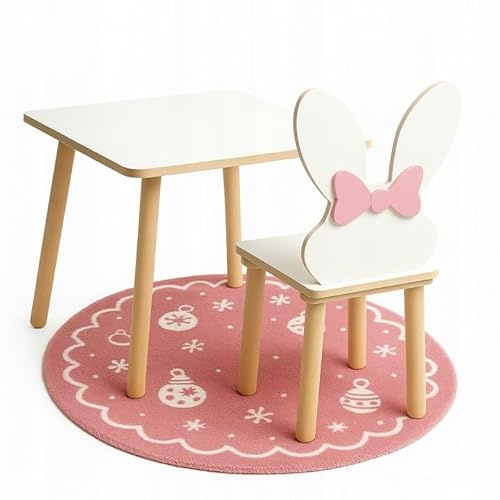 PlayPals Furniture Barnbord och barnstol av trä, kanindesign med rosett, 50 x 50 x 47 cm, lekbordsset för barnrum, pysselbord och matbord