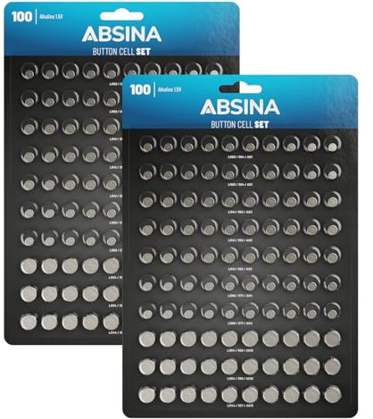 ABSINA 200-pack alkaliska knappceller sortiment – 40 x AG1/60 x AG3/40 x AG4/40 x AG10/20 x AG13-1,5 V batterisortiment läckagesäker – knappcellsset blandat, batteriset blandat