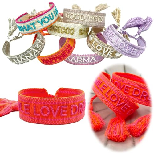 LS-LebenStil Exklusives Statement Armband - das Original - Smile Love Dream Neon 16-20cm Quasten besticktes Boho Canvas Webarmband Damen Freundschaftsarmband Geschenk gewebt textil Stoffarmband