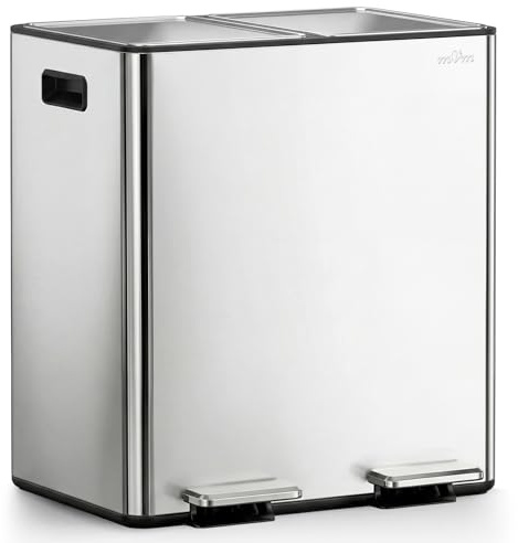 mVm Mülleimer Küche,40 Liter Treteimer,2 x 20 Liter Treteimer, 2 Fächer, Mülltrennsystem, Abfalleimer Küche mit Inneneimer aus Kunststoff,Metall,Klappdeckel, Softclose, Luftdicht