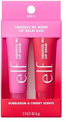 e.l.f. Squeeze Me More Lip Balm Duo, Moisturizing Balm For A Sheer Tint Of Color, Made With Hyaluronic Acid, Vegan & Cruelty-Free, Cherry & Bubblegum