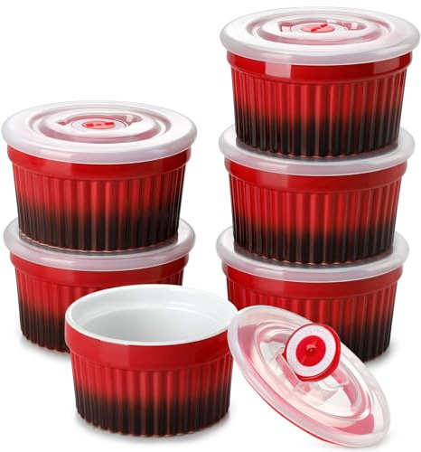 vancasso Moldes para Soufflé con Tapas, 6 Ramequines de Cerámica, 260ml Baking Moldes para Hornear Tartas, Ø 10,1cm Mini Cuencos para Postre, Apto para Lavavajillas, Microondas y Horno, Rojo