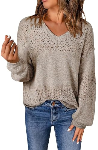 Pull tendance pour femme avec col en V ajouré pour l'automne et l'hiver - Pull habillé décontracté en tricot au crochet - Vintage - Pour les vacances, marron, L