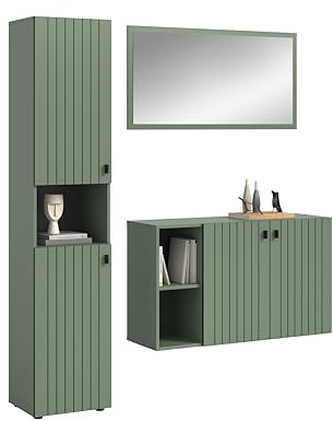 xonox.Home - Ensemble de 3 pièces - Station de Garde-Robe 161 x 192 x 37 cm - Vert fumé - Ensemble de Garde-Robe Moderne avec Armoire, Commode à Chaussures et Miroir vestiaire