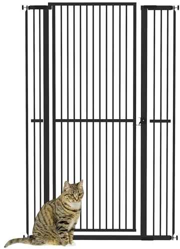 PawHut Barrera de Seguridad para Perros y Gatos Extra Alta 150 cm, Barrera para Perros Extensible 77-104 cm para Puertas y Escaleras, con Montaje a Presión, 2 Extensiones y Puerta de Paso, Negro