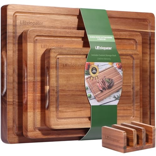 Acacia Wood Cutting Board Set of 3, Solid Wood Cutting Board with Holder, Deep Juice Grooves & Built-in Handles, Durable Wooden Chopping Board Set for Meat, Vegetables, Cheese, Kitchen Prep