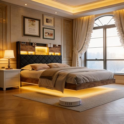 EZSSW Struttura letto matrimoniale 160x200 in metallo con testiera contenitore, illuminazione RGB intelligente e prese USB-C, design sospeso caldo-moderno