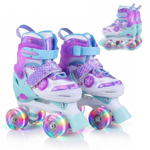 HOMASIS Verstellbare Inliner Skates 4 Größen, Rollschuhe mit Leuchtende Räder, ABEC-7, Rollerblades für Mädchen, Jungen & Anfänger, Schlittschuhe für Kinder 5-14 Jahren (Lila, S (EU 27-31), b)
