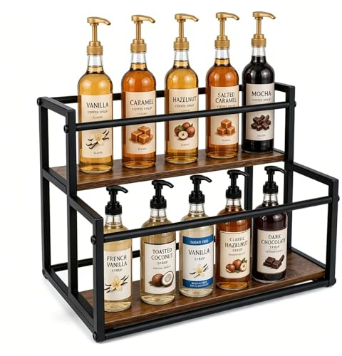 Morvexa Organisateur Sirop Café 2 Niveaux, Support Bouteille Sirop 35 x 22,8 x 22,8 cm, Étagère Bar Café avec Cadre Métal et Aspect Bois, Porte-Bouteilles Vin pour Comptoir, Cuisine