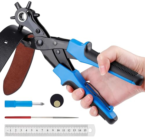 Alicate Sacabocados para Cuero de 6 Tamaños, Perforadora Profesional con Regla y Destornillador, Sacabocados para Cinturones, Correas de Reloj, Bolsos, Carteras y Manualidades