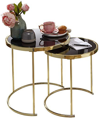 KADIMA Design Satztisch Schwarz/Gold Beistelltisch Metall/Glas Couchtisch 2er Set
