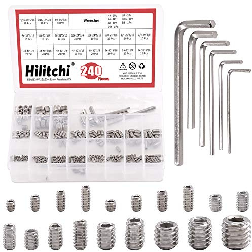 Hilitchi 240Pcs 19Sizes SAE Stainless Hex Allen Head Socket Set Screws Grub Screw Bolts Assortment Kit Internal Hex Drive Cup-Point Screws with 7 Hex Wrenches