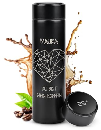 Maverton Thermobecher Kaffeebecher 450 ml - Isolierbecher personalisiert - 100% dicht - Led Temperatur Anzeige - aus Edelstahl - Geschenk für Frauen - Weihnachtsgeschenke - schwarz - Koffein