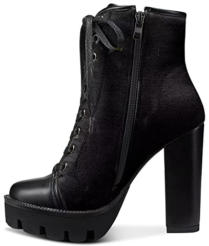 NobleOnly Donna Alto High Tacco Heel Piattaforma Rotonda Punta Stivaletti Cerniera Lacci Equitazione Stivali Classico Feste Ufficio 13 CM Heels Nero 39 EU