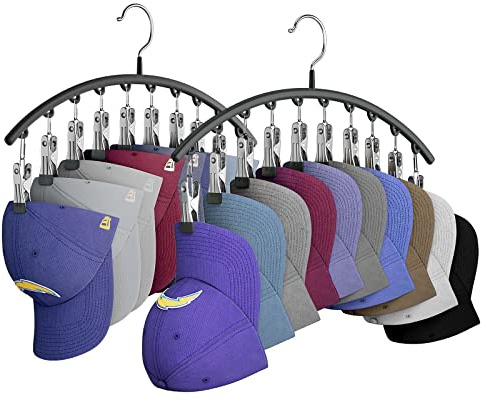 Yecuip Hat Hangers for Closet, Metal Hats Organizer Racks for Base Ball Caps 2 Pack Door Hats Racks for Baseball Cap with 10 Large Clips, Baseball Hat Holder for Closet Storage, Fits All Cap-Black