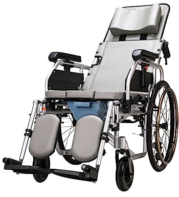 Lightweight Recliner Wheelchair W/Commode Full Lying Manual Wheelchair W/Removable High Back Waterproof Bathroom Shower Chair for Elderly