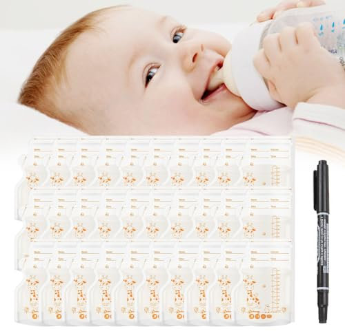 Muttermilchbeutel, Muttermilchbehälter, 250ml BPA-frei Muttermilch Aufbewahrung Bag, Doppelter Reißverschluss,für Milch Aufbewahrung, Vorsterilisiert, Platzsparendes, 30 Stück, 1 Stift