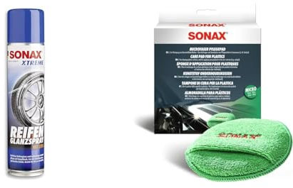 SONAX XTREME ReifenGlanzSpray Wet Look (400 ml) & MicrofaserPflegePad (1 Stück) für gleichmäßiges Auftragen von Kunststoffpflegemitteln im Innenraum und ein gründliches Ergebnis, Art-Nr. 04172000