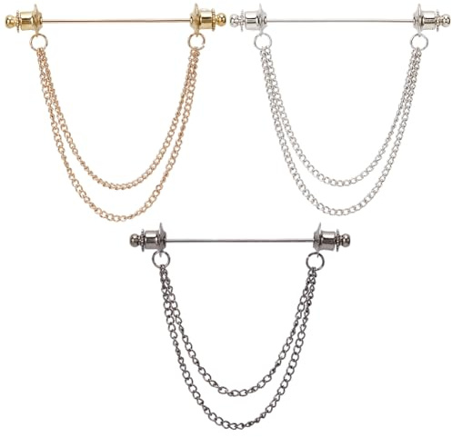 GORGECRAFT 3pz Spille per Colletto A Catena per Camicie Da Uomo e Da Donna Oro Argento Nero Metallo Doppia Catena Spilla per Colletto Bar Nappa Spille per Cravatta Chiusura Spilla A Bottone Bastone