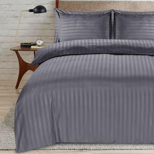 ZZZMRH Double Duvet Set, Premium Quality Grey Bedding Double Bed Set with Satin Stripes, Soft Breathable Double Duvet Cover with 2 Pillowcases, Hypoallergenic Reversible Bed Cover (Grey, Double)