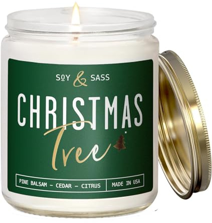 Christmas Tree Candles, Christmas Candles Scented - 'Christmas Tree' Soy Candle w/Balsam, Cedar & Citrus - Infused with Essential Oils I Balsam Pine Candle I 9oz, 50Hr, USA Made