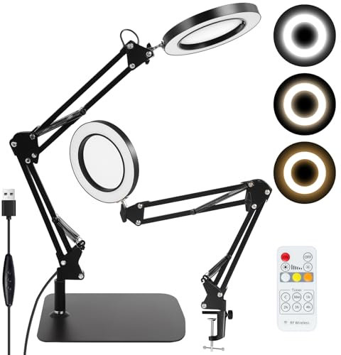 Magnifying Glass with Light, 10x Magnifying Glasses for Hobbies 3 Colors Stepless Dimmable Lighted, Magnifier with Light Remote Control, 2-In-1 LED Desk Lamp and Clamp Adjustable Swivel Craft Lamp