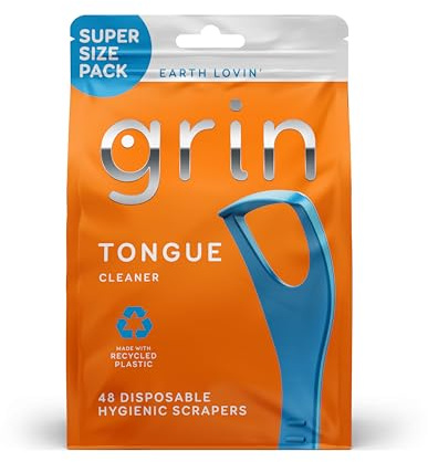 GRIN Tongue Cleaner, 48 Count, Disposable Tongue Cleaner, Hygienic Scraper, Recycled Plastic, Clean Tongue, Promote Fresh Breath, Includes Safe Fold- Back Tooth Pick