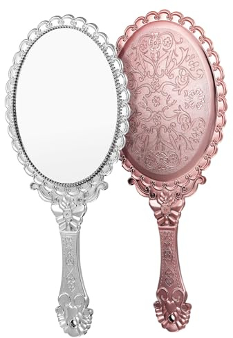 PENIKOKO Miroir De Maquillage À Main Vintage avec Poignée 2 Pièces Miroirs Portables Compacts Léger pour Femme Et Fille Accessoire Beauté pour Usage Quotidien Et Cadeau Élégant