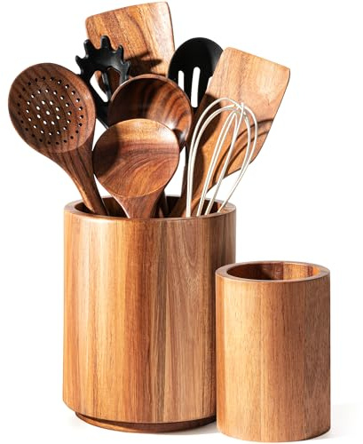 Criusia Utensil Holder 2 Pack, 360° Rotating Acacia Wood Cooking Utensil Crocks for Kitchen Counter, Farmhouse & Modern Decor, (1 Large,1 Small)