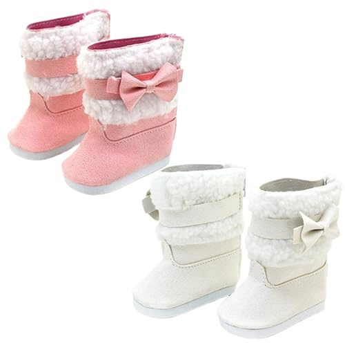NIDONE Baby dockskor, 2 par 45 cm dockskor, söta vinterstövlar med fuskfoder och rosett, PU babytillbehör för 45 cm dockor juloutfit