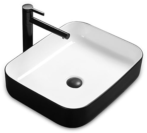 Lavabo Baño Moderno, Lavabo Baño de Cerámica Sobre Encimera con Drenaje Pop-Up y Grifo, para Muebles de Tocador, Baños en Casa, Habitaciones de Invitados(Black and white,A)