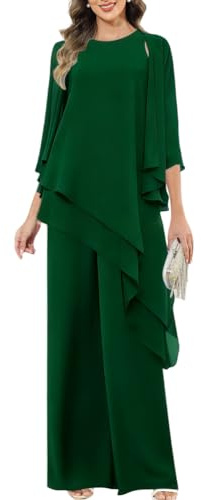 shownicer Completo Donna Elegante Tailleur Donna Eleganti Tuta in Chiffon 3 Pezzi Set Curvy Completo da Cerimonia Madre della Sposa Abiti Taglia Grande A Verde Scuro 52