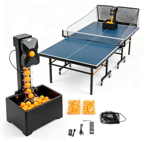 BAOCHADA Machine automatique à balles de tennis de table 100 balles, robot de tennis de table avec télécommande et filet, 35 à 90 balles/min, 10 modes et système à double roue, robot de tennis de