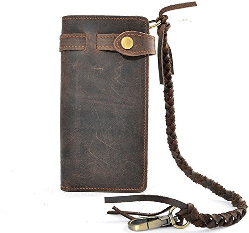 RS Herren-Geldbörse mit Kette, Leder, lang, Bifold, Trucker-Geldbörse, Vintage, Biker, Geldklammer mit Reißverschluss, Dunkelbraun