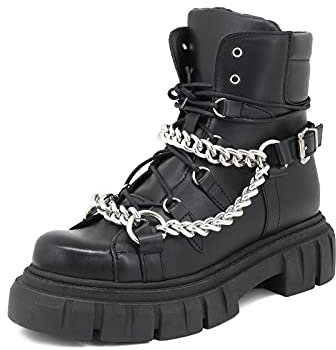 QUEEN HELENA Anfibi di Pelle Stivaletti con Lacci Plateau Invernali Casual Stringati Donna RX21 Nero 36