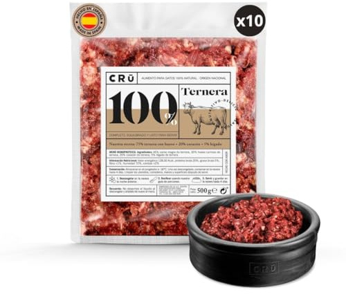 CRU - Comida para Gatos Cruda y Natural de Ternera - Dieta Barf para Gatos Junior y Adultos - Comida Congelada para 1 Mes - 10 Paquetes de 500g. (10 Paquetes, Ternera)