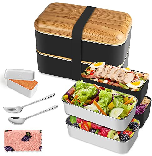 HOLIPOT Bento Box im japanischen Stil 2-stufige Lunchbox mit 2 Stück umweltfreundlichem PP-Behälter und Edelstahlbehälter, Brotdose mit Fächern für Kinder und Erwachsene, Snack-Verpackung