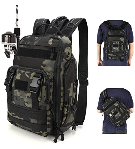 Achort Fishing Tackle Backpack with Rod Holder, Lightweight Sling Fishing Gear Bag, Outdoor Shoulder Bag for Hiking Hunting Camping