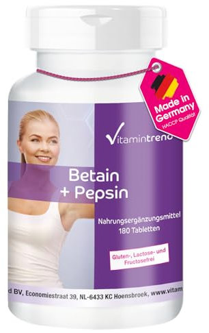 Betain + Pepsin - 180 Tabletten für 60 Tage - Betain-Hydrochlorid + Verdauungsenzym - beliebte Vitalstoffkombination | Vitamintrend®