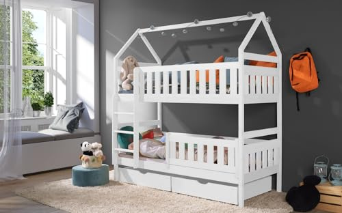 KEF Noah Etagenbett Kinder 160x80 cm - Hausbett - Holz Kinderbett - für Zwei Kinder - Holzbett mit Schubladen - Massivholz Kinder Bett mit Lattenrost - ohne Matratze - Weiß - Leiter Links