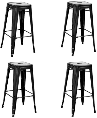 EME Pack 4 Taburetes Alto Metálico de Acero Galvanizado. Taburete Metálico Apilable de 76x43x43cm Ideal para Usar en Interior y Exterior. Incluye 4 Unidades. (Negro)