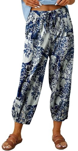 ABYOVRT Pantalon 7/8 Femme Été Imprimé Bohème Lin Ample Longueur Pants Cordon pour Décontracté à Jambes Léger en avec Poches Pantalon De Plage,S-XXL
